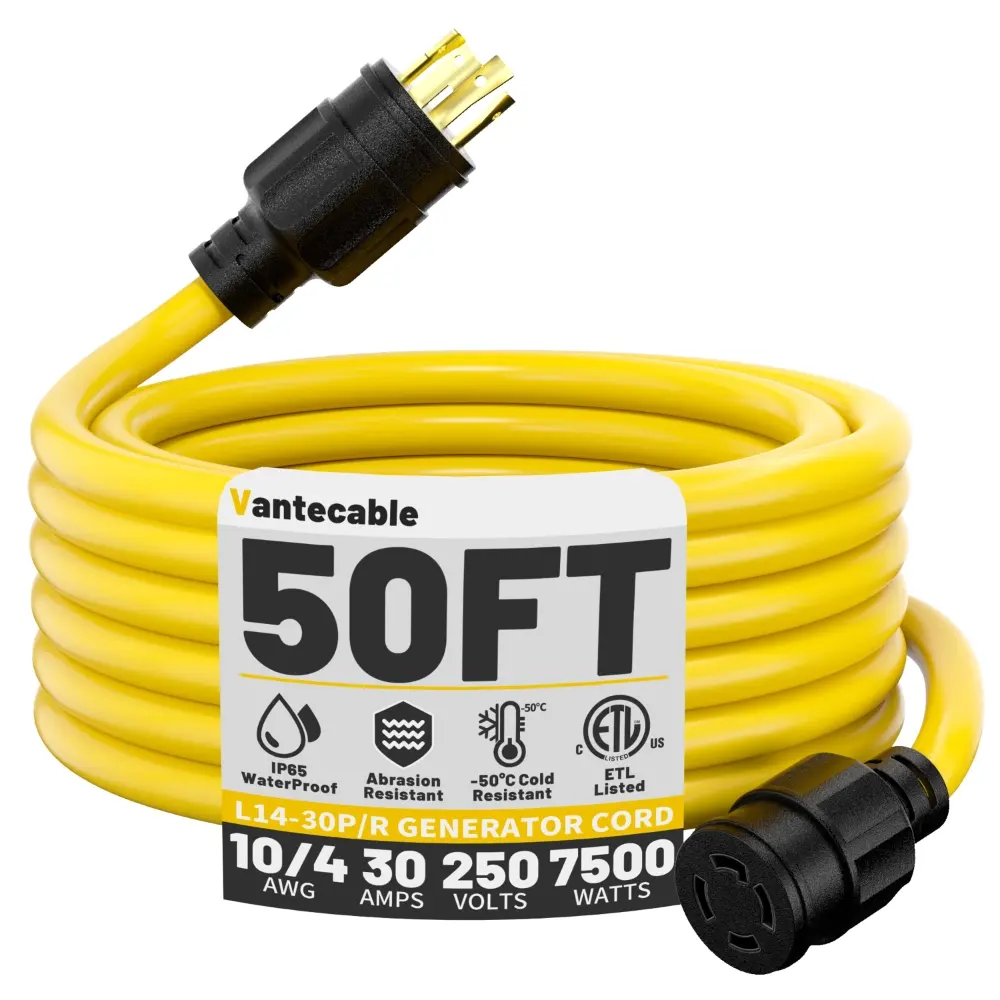 [15ft to 75ft] 10AWG 30-Amp Generator Extension Cord 4-Prong 125/250V 7500W,yellow,,Waterproof,ETL,flexible