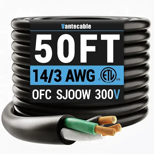 [50ft to 100ft] 14 Gauge Bulk Electrical Wire, 300V Flexible 3 or 4 Conductor Rubber Cable,black,Waterproof,ETL,flexible
