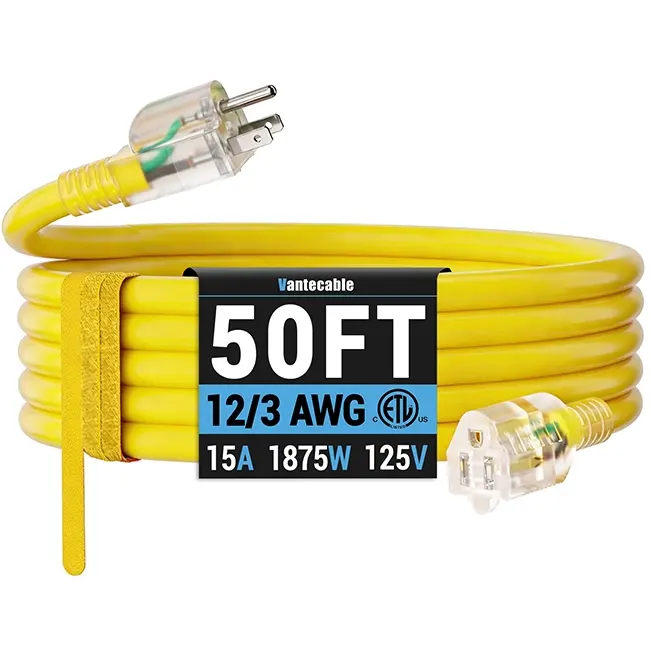 [25ft to 100ft] 12/3 Gauge Heavy Duty Outdoor Extension Cord, Waterproof with LED Lighted End,yellow,Waterproof,ETL,flexible