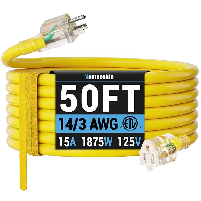 [10ft to 100ft] 14/3 Gauge Heavy Duty Outdoor Extension Cord Waterproof with Lighted,yellow,Waterproof,ETL,flexible