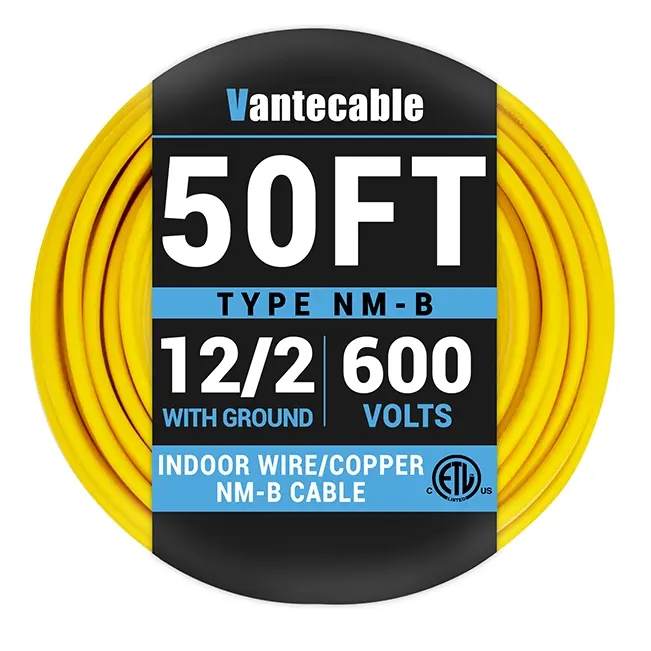 NM-B 12/2 Gauge Electrical Wire with Ground, OFC, 600V, Yellow, UL Listed, 15ft-100ft