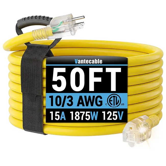 10/3 Gauge Outdoor Extension Cord with LED Lighted End, Yellow, SJTW, ETL Listed, 25-200 ft