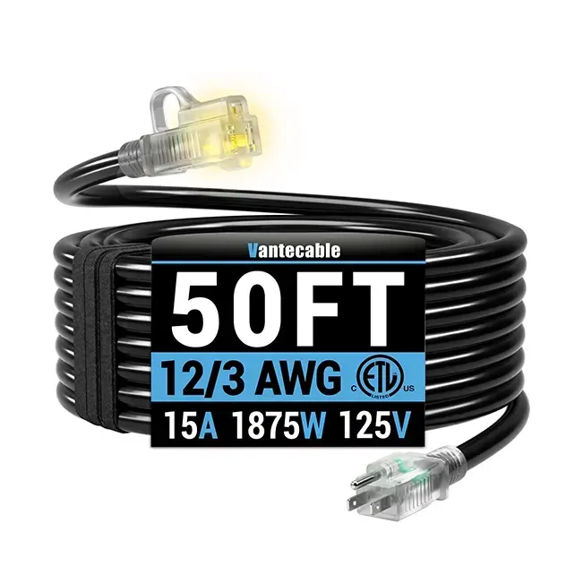[10ft to 150ft] 12/3 Gauge Heavy Duty Outdoor Extension Cord, Waterproof with LED Lighted End,black,Waterproof,ETL,flexible