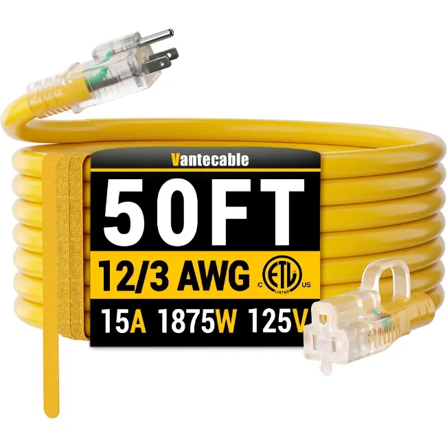 [6ft to 500ft] 12/3 Gauge Heavy Duty Outdoor Extension Cord, Waterproof with LED Lighted End,yellow,Waterproof,ETL,flexible