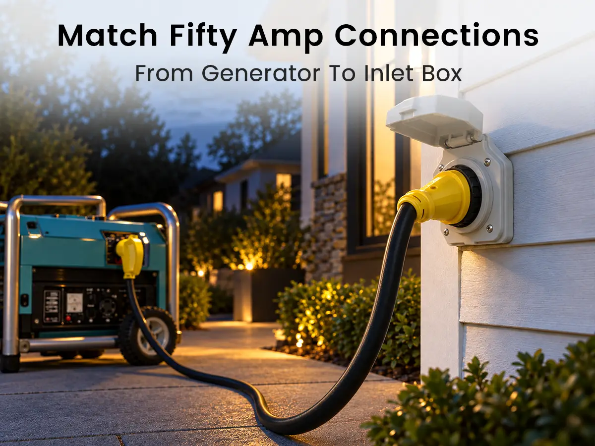 Black 50 amp generator cord connecting a NEMA 14-50P generator outlet to an SS2-50R power inlet box.