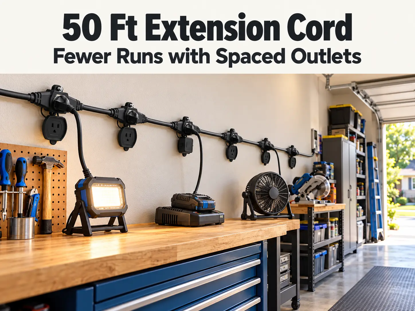 Black 50 ft extension cord with six spaced outlets mounted along a garage wall to reduce extra cord runs