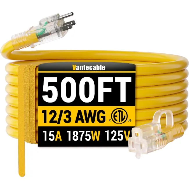 [6ft to 500ft] 12/3 Gauge Heavy Duty Outdoor Extension Cord, Waterproof with LED Lighted End,yellow,Waterproof,ETL,flexible