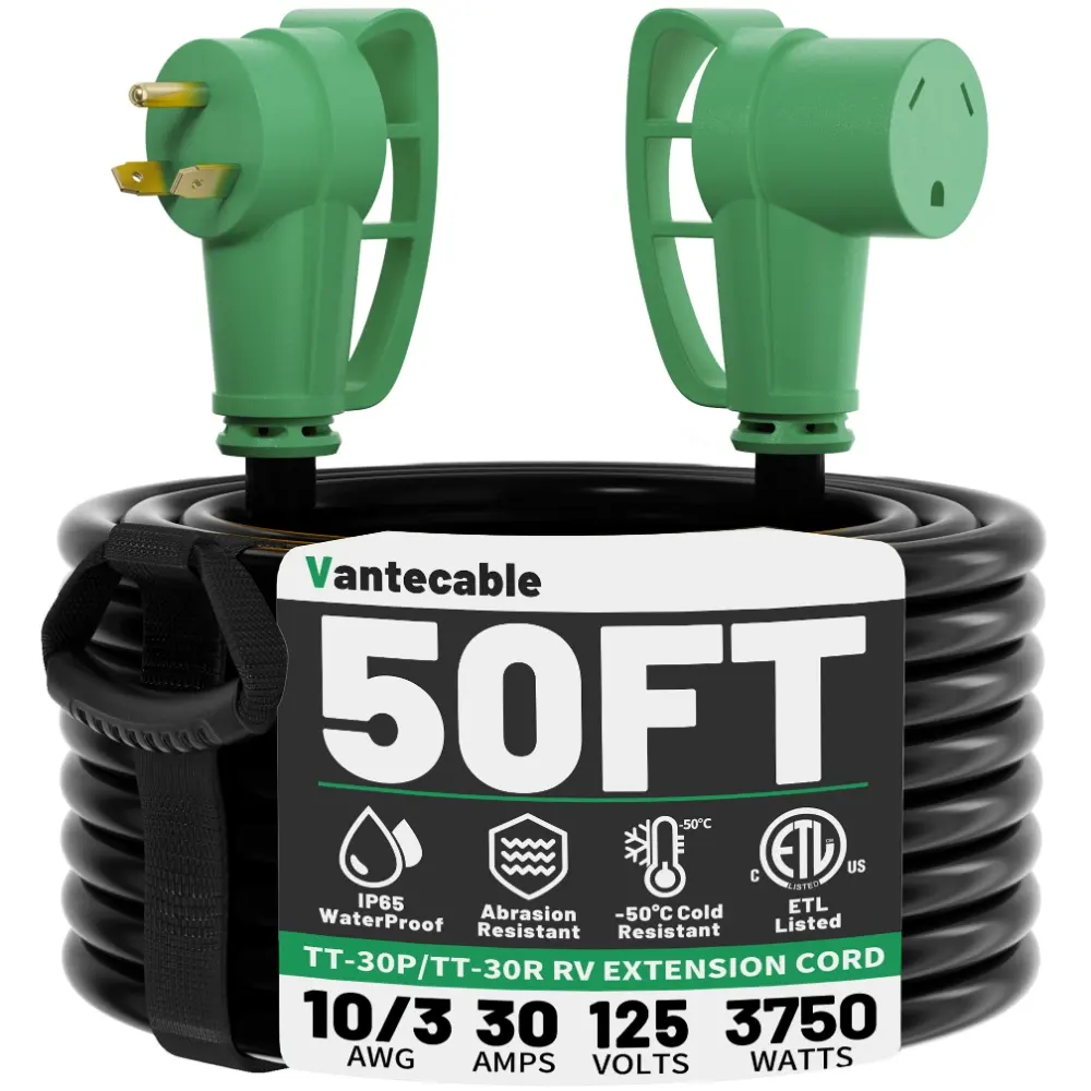 10/3 Gauge 50ft 30 Amp RV Extension Cord, Heavy Duty Waterproof with Easy Grip Handle, green,ETL,flexible