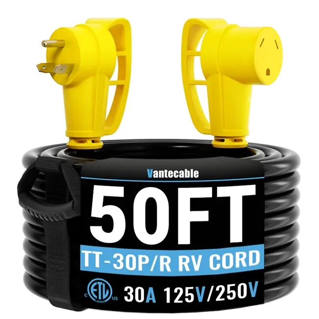 [15ft to 100ft] 10/3 Gauge 30 Amp RV Extension Cord, NEMA TT-30P to TT-30R,with Easy Grip Handle, Yellow/Green,Waterproof,ETL,flexible