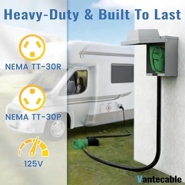 [15ft to 100ft] 10/3 Gauge RV Extension Cord,3 prong,125V,3750W,NEMA TT-30P to TT-30R,with Easy Grip Handle, Yellow/Green,Waterproof,ETL,flexible