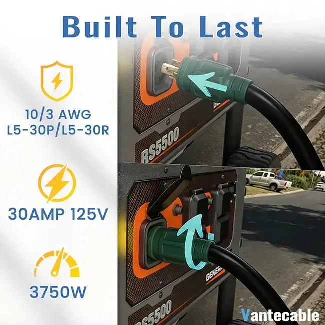 [10ft to 100ft]10/3 gauge Generator Power Extension Cord with Twist Lock Connector,L5-30P&L5-30R, 30 Amp,125V,3750W,ETL Listed