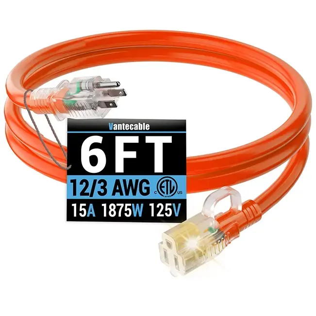 [6ft to 250ft] 12/3 Gauge Heavy Duty Outdoor Extension Cord, Waterproof with LED Lighted End,orange,ETL,flexible