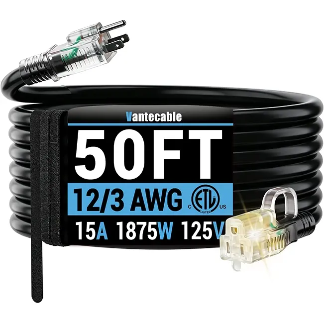 12/3 Gauge Outdoor Extension Cord with LED Lighted End, SJTW, ETL Listed, 6-100 ft