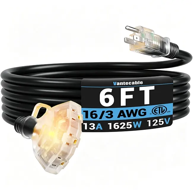 [6ft to 100ft] 16/3 Gauge Multi-Outlet Outdoor Extension Cord, Waterproof with LED Lighted Indicator,black,Waterproof,ETL,flexible