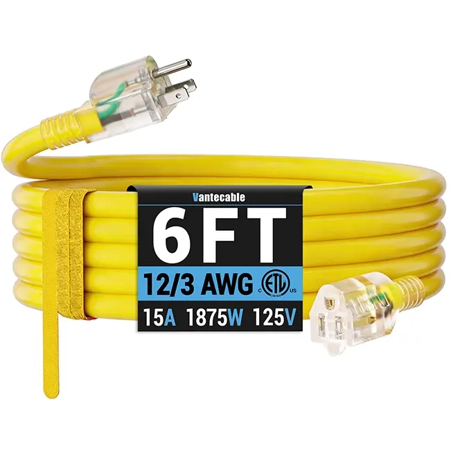 [25ft to 100ft] 12/3 Gauge Heavy Duty Outdoor Extension Cord, Waterproof with LED Lighted End,yellow,Waterproof,ETL,flexible