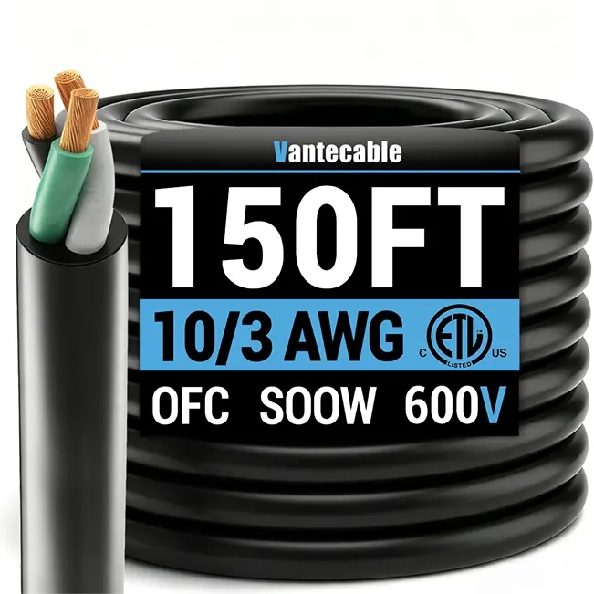 10/3 Gauge SOOW Electrical Wire, 600V, Black, ETL Listed, 25ft-150ft