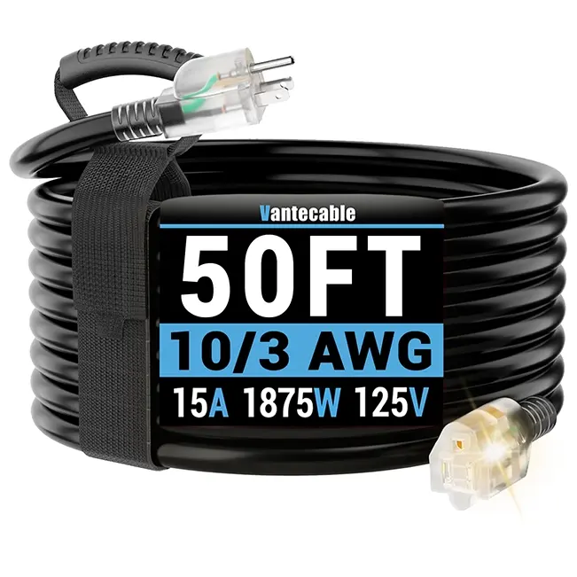 10/3 Gauge Outdoor Extension Cord with LED Lighted End, Black, SJTW, 10-200ft