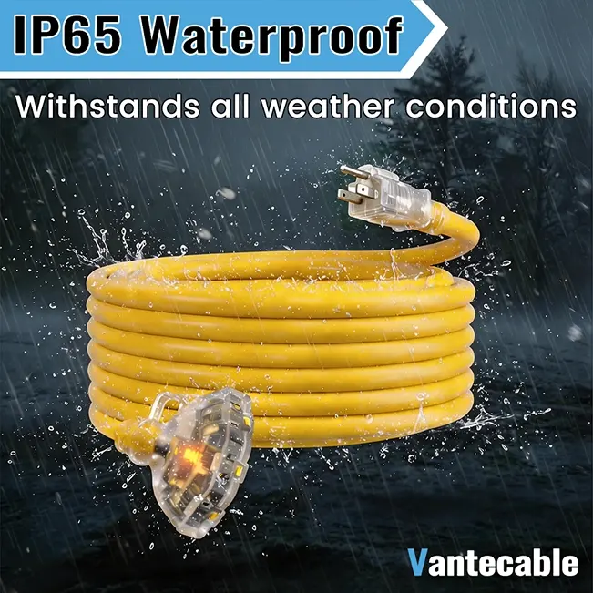 [1ft to 100ft] 12/3 Gauge Heavy Duty Outdoor Extension Cord, Multiple Outlets & LED Indicator,yellow,Waterproof,ETL,flexible,SJTW