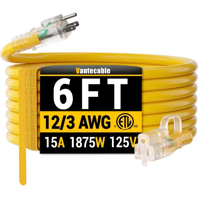 [6ft to 500ft] 12/3 Gauge Heavy Duty Outdoor Extension Cord, Waterproof with LED Lighted End,yellow,Waterproof,ETL,flexible