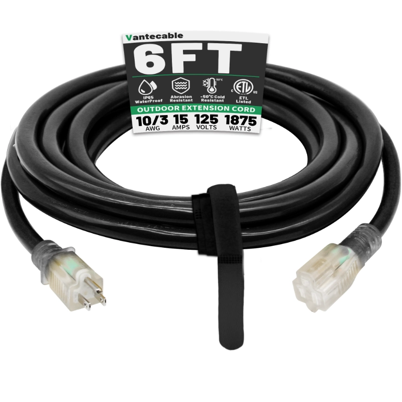 6 Ft 10/3 Black Outdoor Extension Cord Waterproof Heavy Duty 10 Gauge 3 Prong-Vantecable