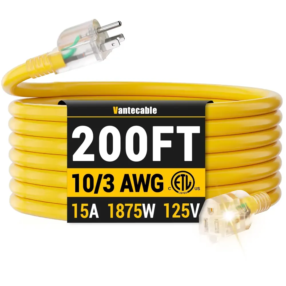 10/3 Gauge 100ft Ultra Heavy Duty Outdoor Extension Cord with LED Lighted Indicator,yellow,Waterproof,ETL,flexible