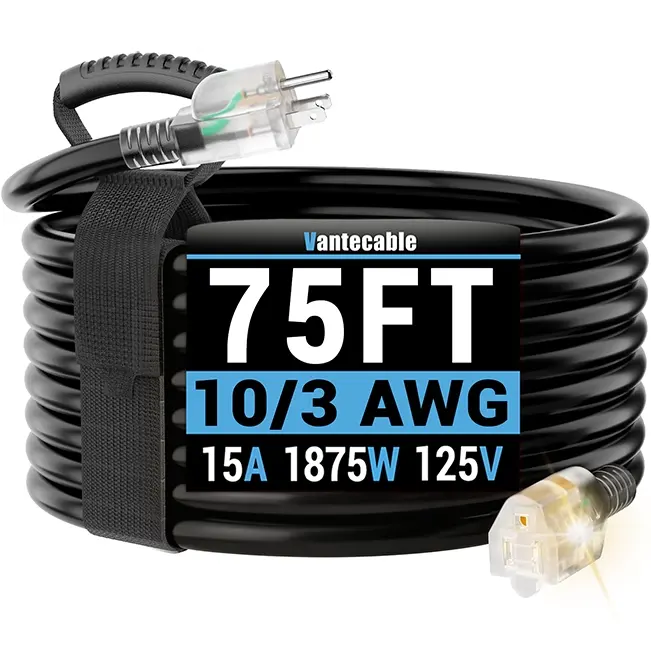 10/3 Gauge Outdoor Extension Cord with LED Lighted End, Black, SJTW, 10-200ft
