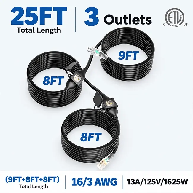 14&16 Gauge 3/7 Outlets Plugs, Outdoor Extension Cord, Green, SJTW, ETL Listed, 25-50ft