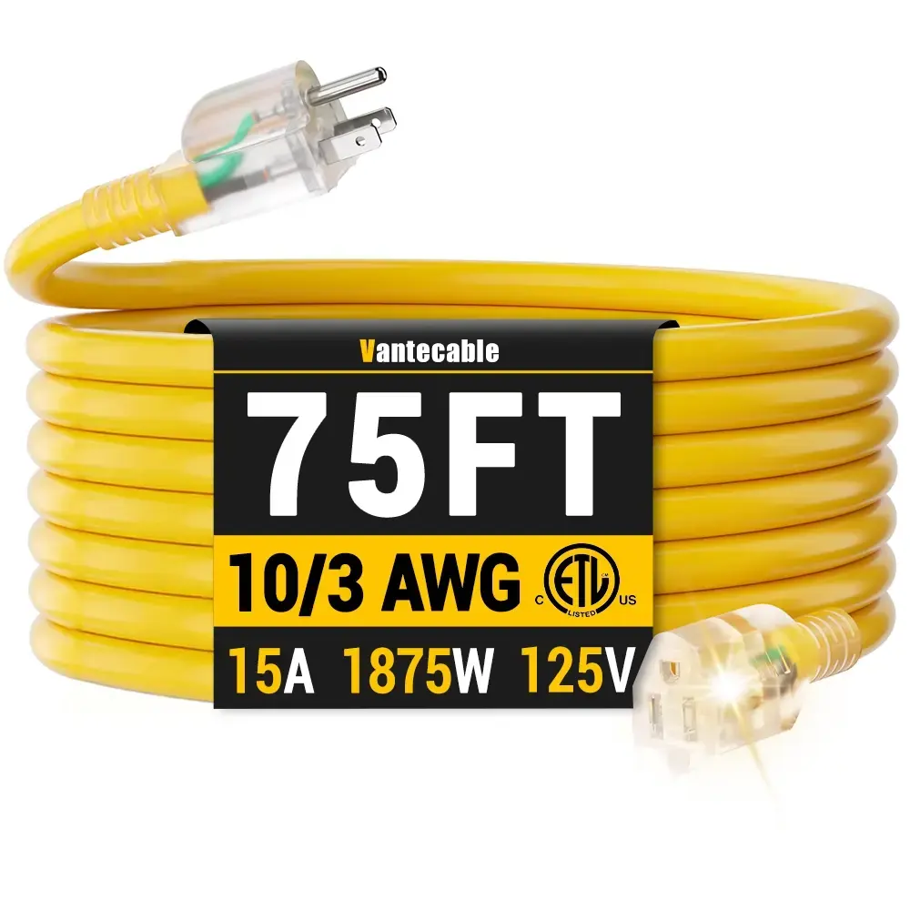 10/3 Gauge 100ft Ultra Heavy Duty Outdoor Extension Cord with LED Lighted Indicator,yellow,Waterproof,ETL,flexible