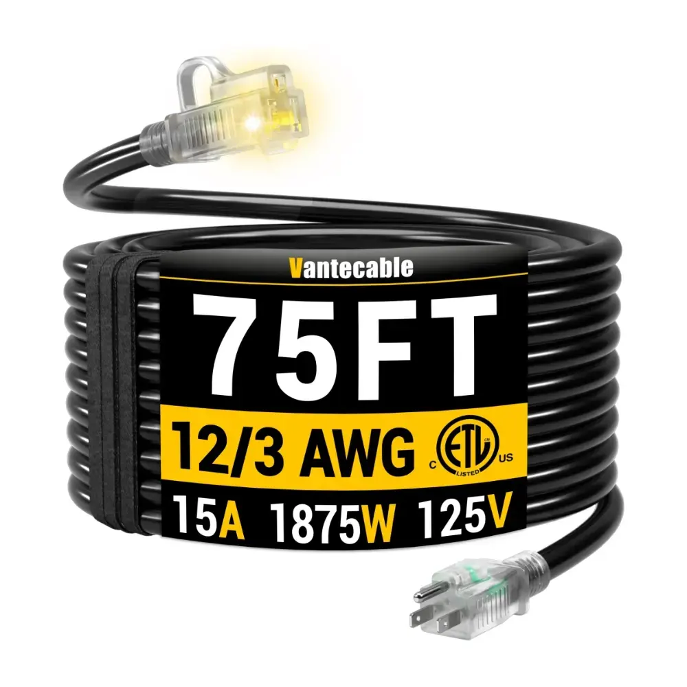 [10ft to 150ft] 12/3 Gauge Heavy Duty Outdoor Extension Cord, Waterproof with LED Lighted End,black,Waterproof,ETL,flexible