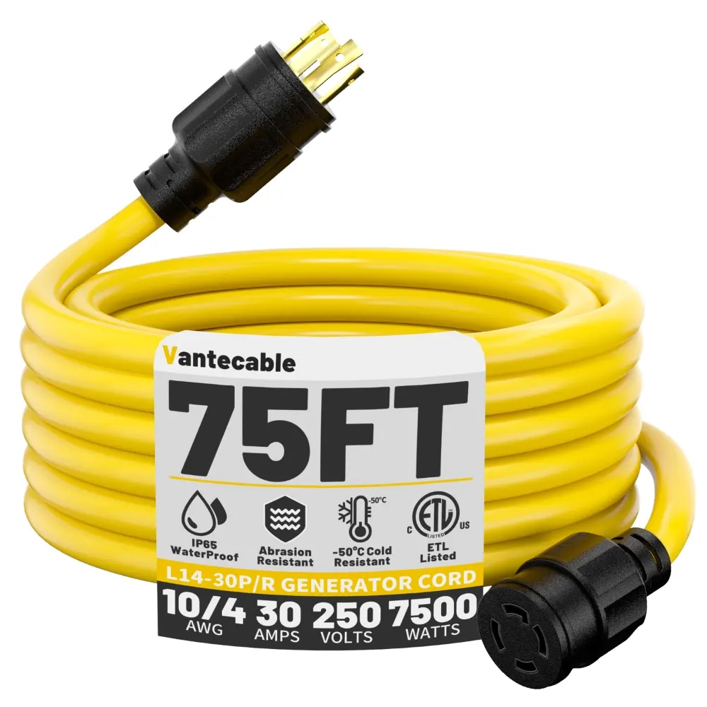 [15ft to 75ft] 10AWG 30-Amp Generator Extension Cord 4-Prong 125/250V 7500W,yellow,,Waterproof,ETL,flexible