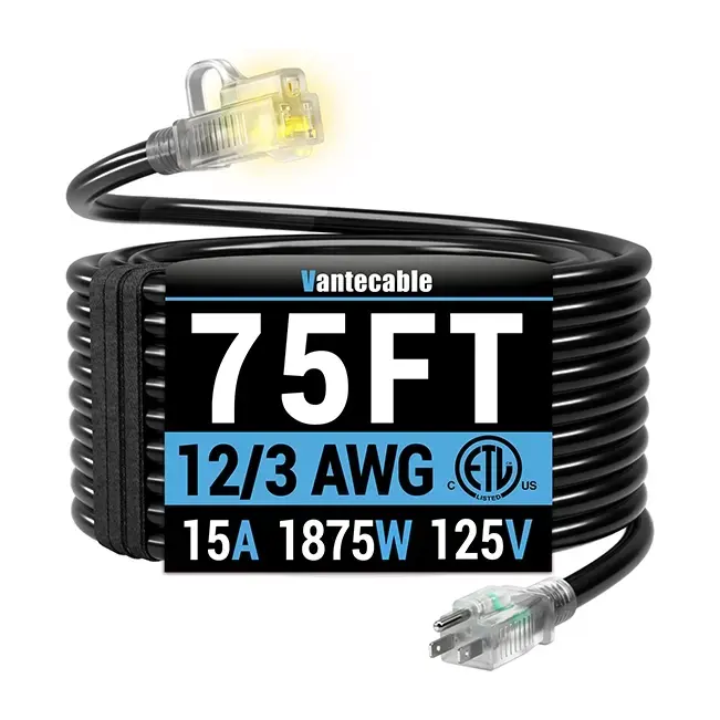 [10ft to 150ft] 12/3 Gauge Heavy Duty Outdoor Extension Cord, Waterproof with LED Lighted End,black,Waterproof,ETL,flexible