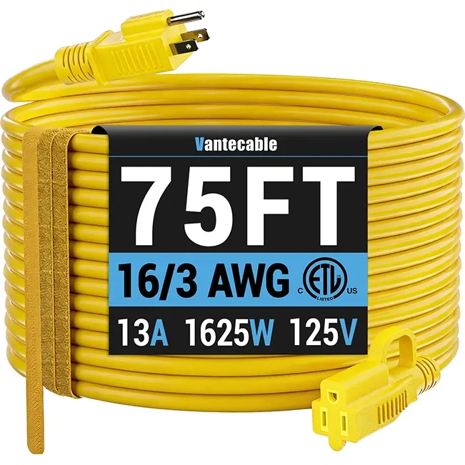 [50ft to 100ft] 16/3 AWG Indoor Outdoor Extension Cord,yellow,Waterproof,ETL,flexible