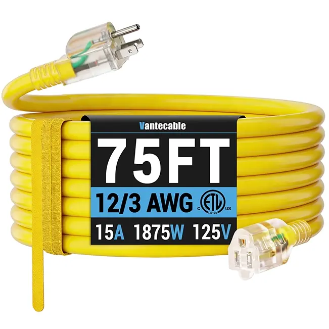 [25ft to 100ft] 12/3 Gauge Heavy Duty Outdoor Extension Cord, Waterproof with LED Lighted End,yellow,Waterproof,ETL,flexible