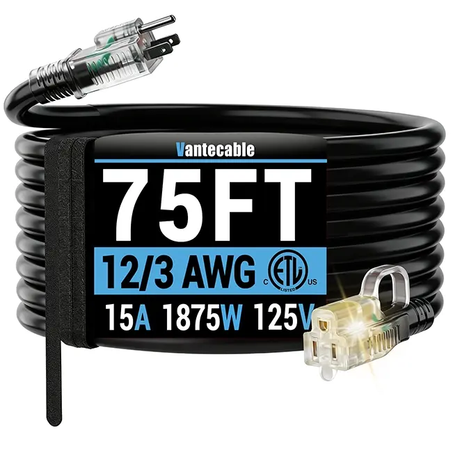 12/3 Gauge Outdoor Extension Cord with LED Lighted End, SJTW, ETL Listed, 6-100 ft