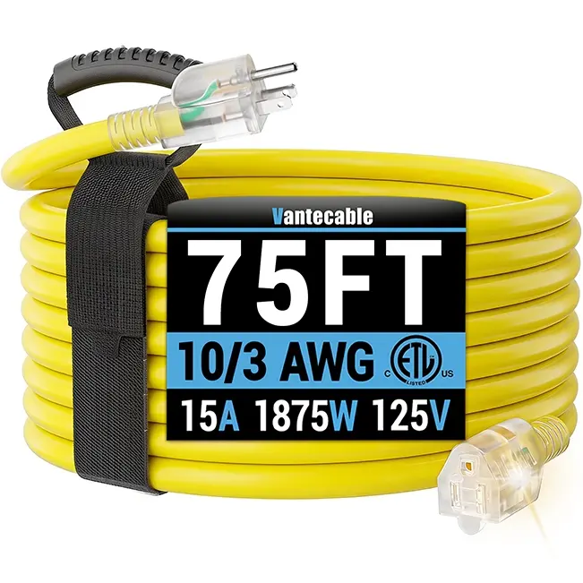10/3 Gauge Outdoor Extension Cord with LED Lighted End, Yellow, SJTW, ETL Listed, 25-200 ft