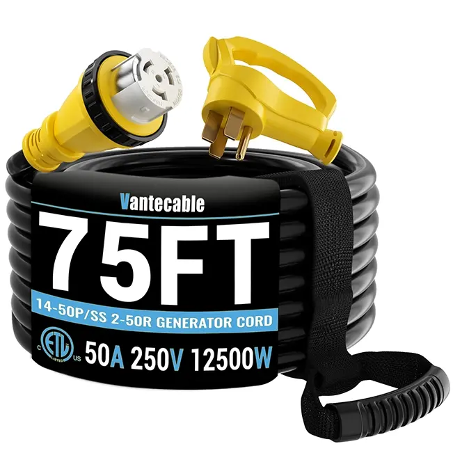 50 Amp Generator/RV Extension Cord with Twist Lock, NEMA 14-50P to SS2-50R, Yellow, STW, ETL Listed, 10-100ft
