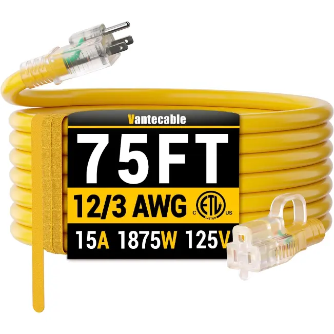 [6ft to 500ft] 12/3 Gauge Heavy Duty Outdoor Extension Cord, Waterproof with LED Lighted End,yellow,Waterproof,ETL,flexible