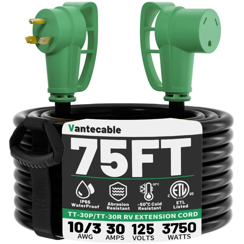 10/3 Gauge 75ft 30 Amp RV Extension Cord, Heavy Duty Waterproof with Easy Grip Handle, Green,ETL,flexibleaterproof with Easy Grip Handle, Yellow/Green