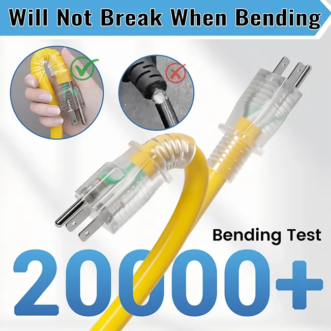 [1ft to 100ft] 12/3 Gauge Heavy Duty Outdoor Extension Cord, Multiple Outlets & LED Indicator,yellow,Waterproof,ETL,flexible,SJTW