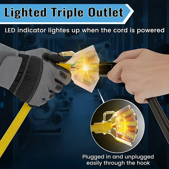 [1ft to 100ft] 12/3 Gauge Heavy Duty Outdoor Extension Cord, Multiple Outlets & LED Indicator,yellow,Waterproof,ETL,flexible,SJTW