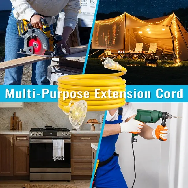 [1ft to 100ft] 12/3 Gauge Heavy Duty Outdoor Extension Cord, Multiple Outlets & LED Indicator,yellow,Waterproof,ETL,flexible,SJTW