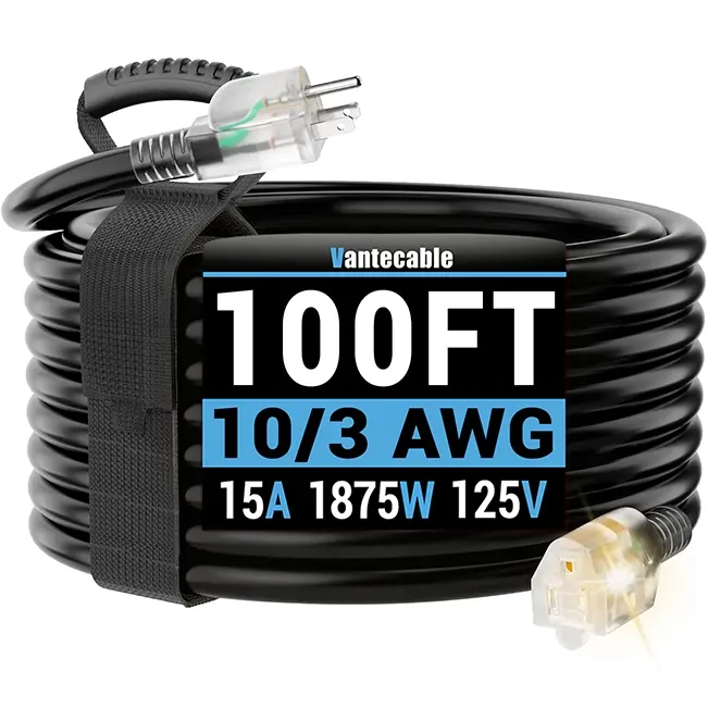 10/3 Gauge Outdoor Extension Cord with LED Lighted End, Black, SJTW, 10-200ft