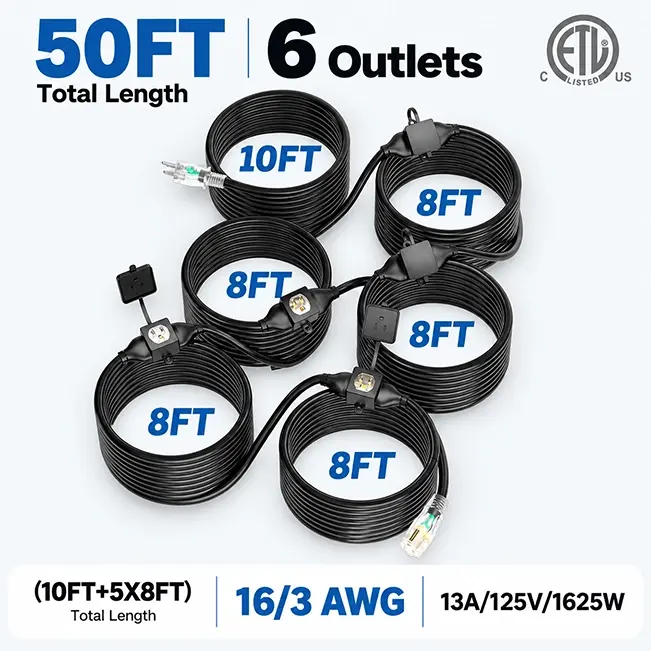 14&16 Gauge 3/7 Outlets Plugs, Outdoor Extension Cord, Green, SJTW, ETL Listed, 25-50ft