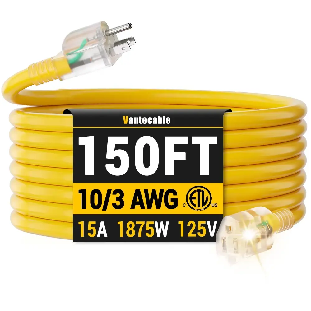 10/3 Gauge 100ft Ultra Heavy Duty Outdoor Extension Cord with LED Lighted Indicator,yellow,Waterproof,ETL,flexible