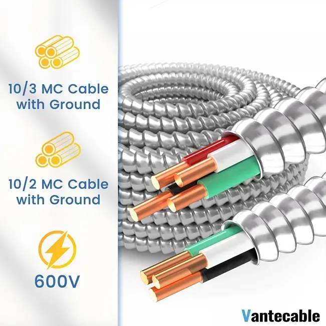 10 AWG MC Cable with Ground, 10 Gauge 2 or 3 Conductors Electrical Wire with Aluminum Armor, Solid Pure Copper Cable,UL Listed