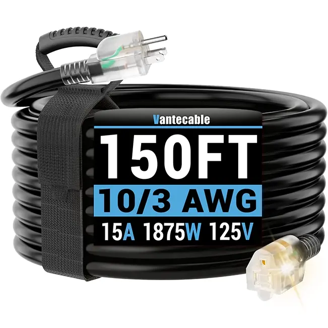 10/3 Gauge Outdoor Extension Cord with LED Lighted End, Black, SJTW, 10-200ft