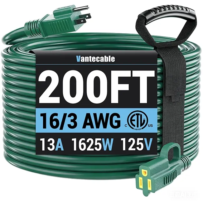 [10ft to 200ft] 16/3 AWG Indoor Outdoor Green Extension Cord,green,Waterproof,ETL,flexible