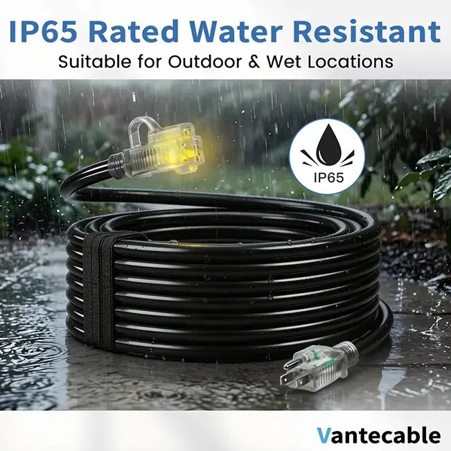 [10ft to 150ft] 12/3 Gauge Heavy Duty Outdoor Extension Cord, Waterproof with LED Lighted End,black,Waterproof,ETL,flexible