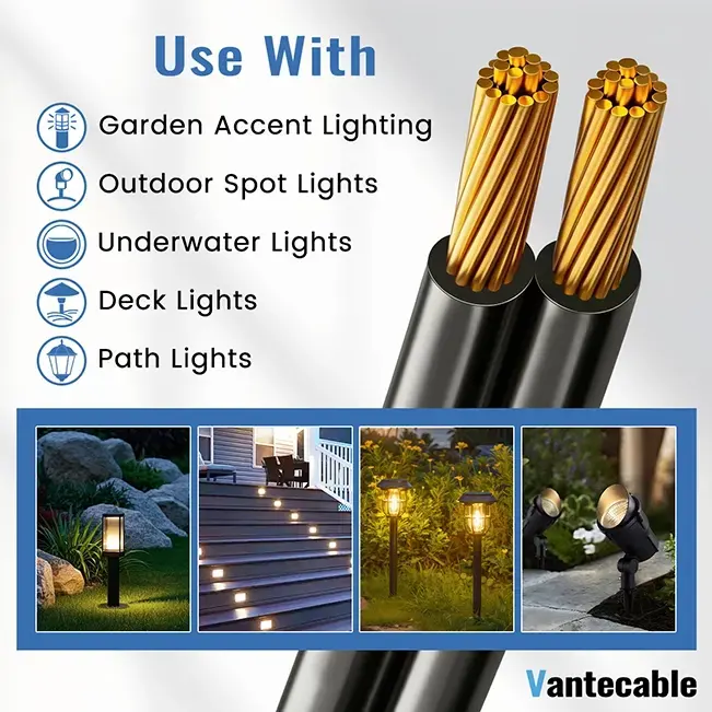 [100ft to 250ft] 12/2 Gauge Direct Burial Wire,underground,Low Voltage Landscape Lighting,Pure Copper,Waterproof,black,ETL,flexible