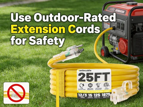 Safe use of outdoor-rated extension cord outdoors, indoor extension cord marked with prohibited sign